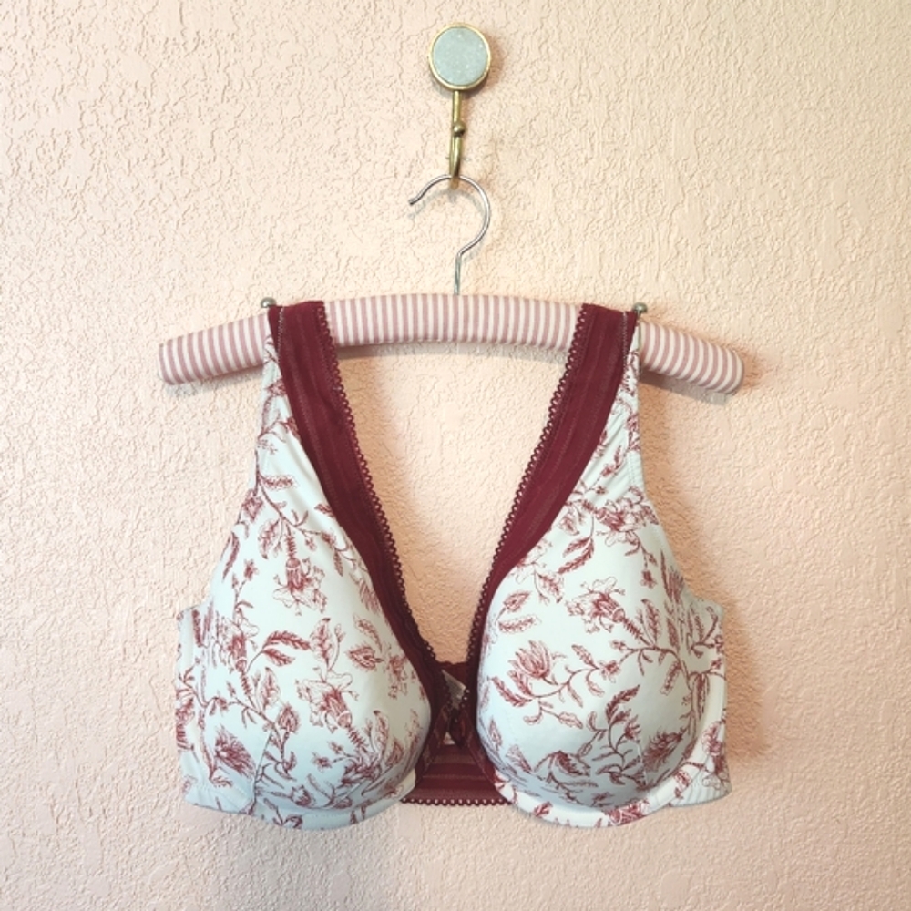 Cacique Red White Floral Balconette Long Line Triangle Mesh Lace Bra 40F